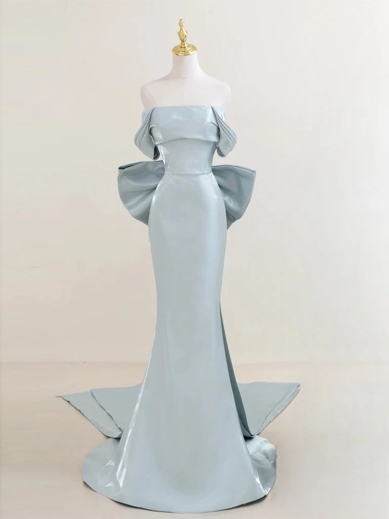 Wholesale Simple Off Shoulder Satin Blue Long Prom Dress Blue Long Formal Dress gowns evening dresses